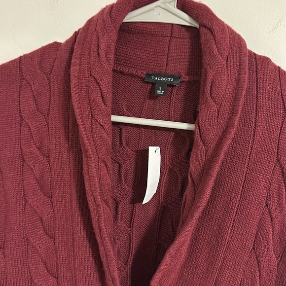 NWT Talbots burgundy cable knit sweater cardigan blazer faux leather trim button - Picture 2 of 4